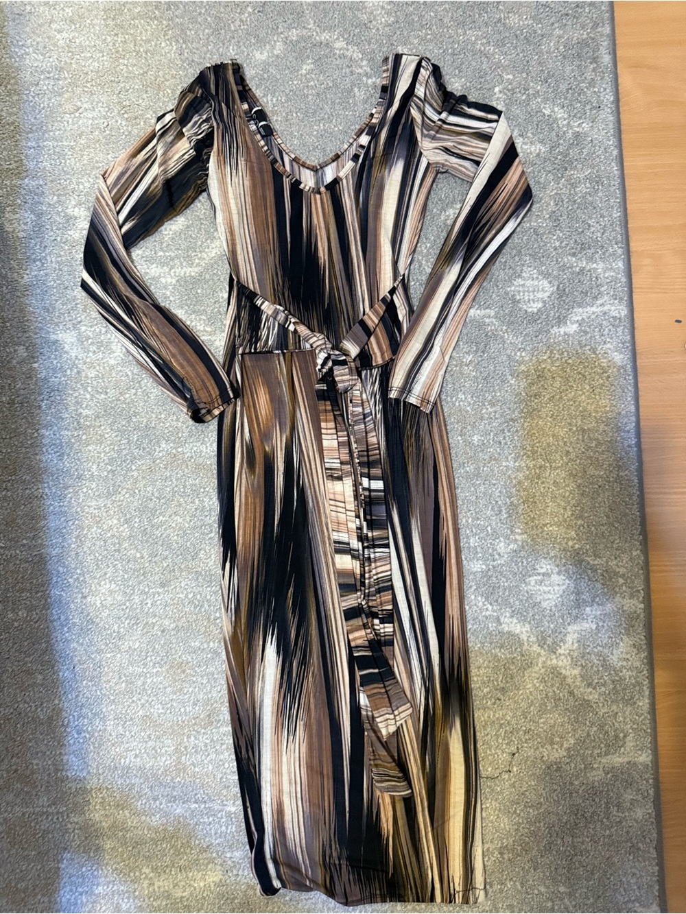 Windsor Brown and Black Striped V-Neck Long Sleeve Midi Dress